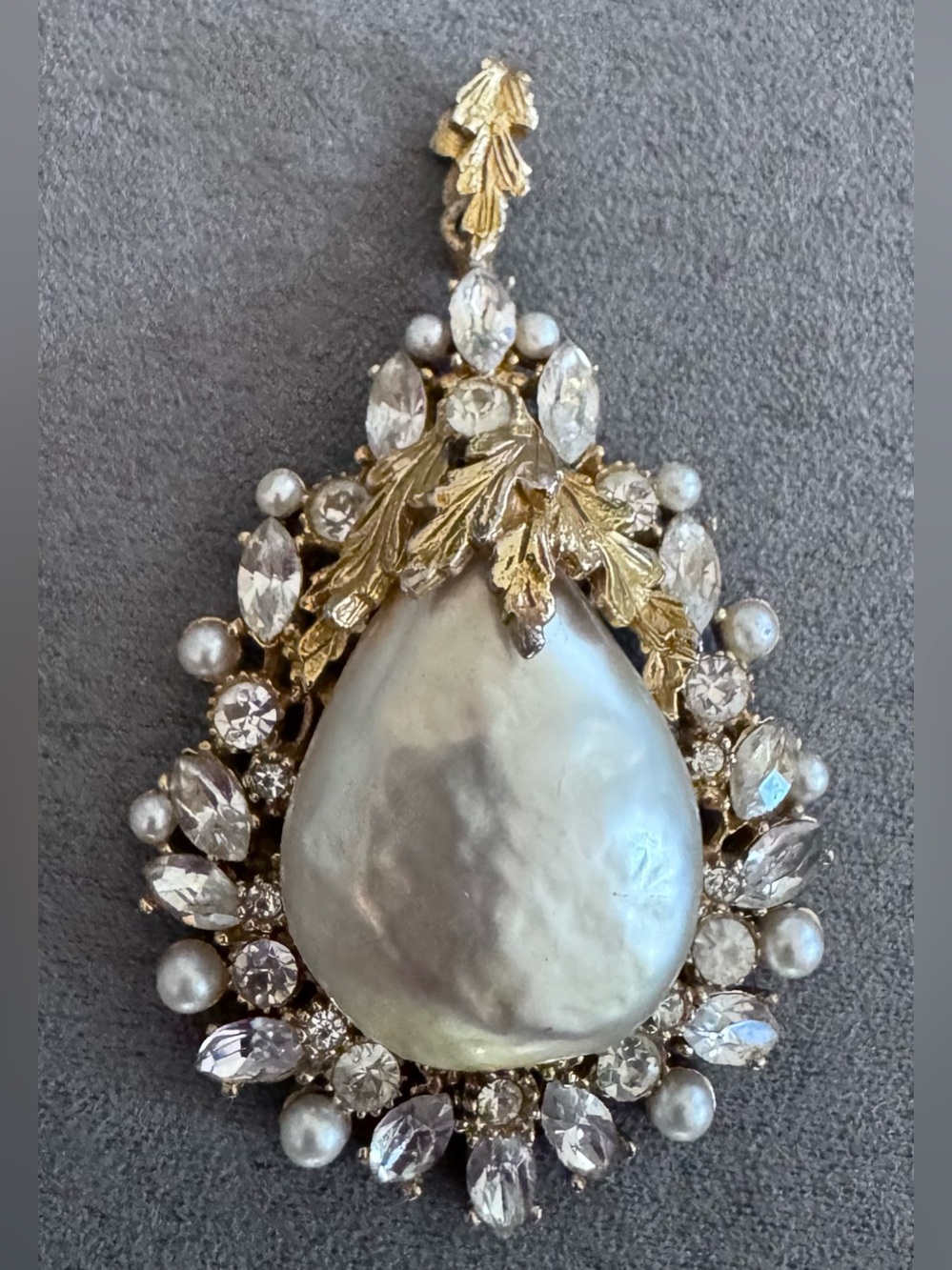 Gold-Tone Baroque Pearl Pendant Necklace with Clear Crystals, Victorian Revival